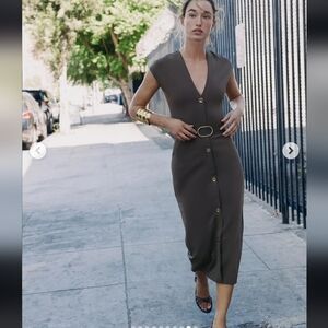 Zara Taupe Button-Front Midi Dress